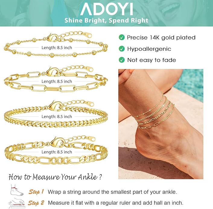 adoyi Gold Bracelets for Women, 14K Gold Plated Stackable Bracelet Stack Set Adjustable Charm Paperclip Chain Cuban Link Layered Waterproof Jewelry Sets Gifts for Womens 6.0/6.8/7.2"