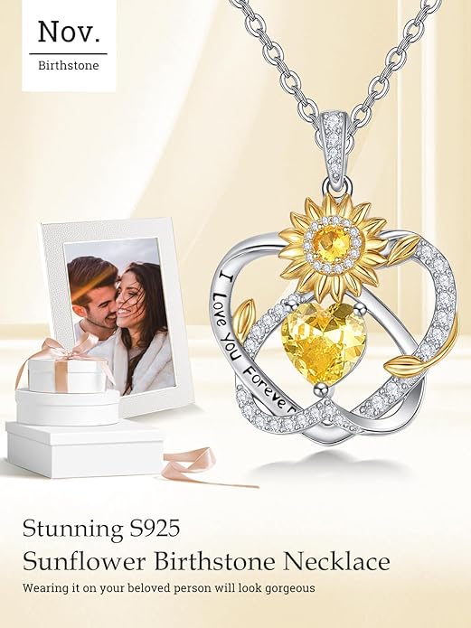 Zeuslia Double Birthstone Necklace Gifts for Wife - 925 Sterling Silver Sunflower/Rose/Crown Cross/Compass/Heart Pendant I Love You Necklace, Anniversary Birthday Gifts for Wife Girlfriend Mom Her