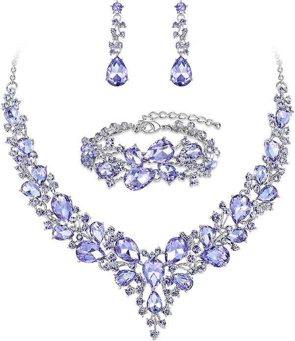 BriLove Wedding Bridal Jewelery for Women Austrian Crystal Teardrop Cluster Statement Necklace Dangle Earrings Link Bracelet Set