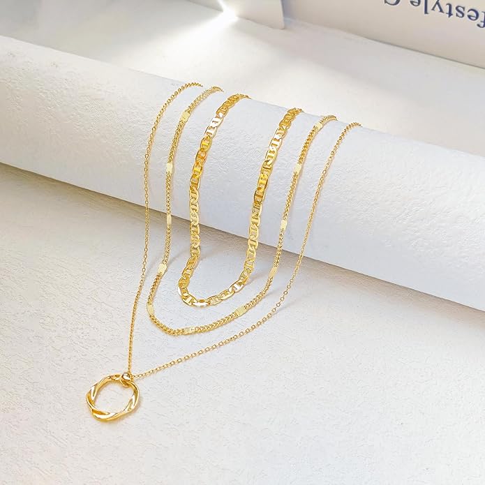 Gold Layered Necklaces for Women 14k Gold Plated Dainty Stackable Choker Necklaces for Women Trendy Layering Chain Cute Pendant Necklace Set Gold Jewelry for Women