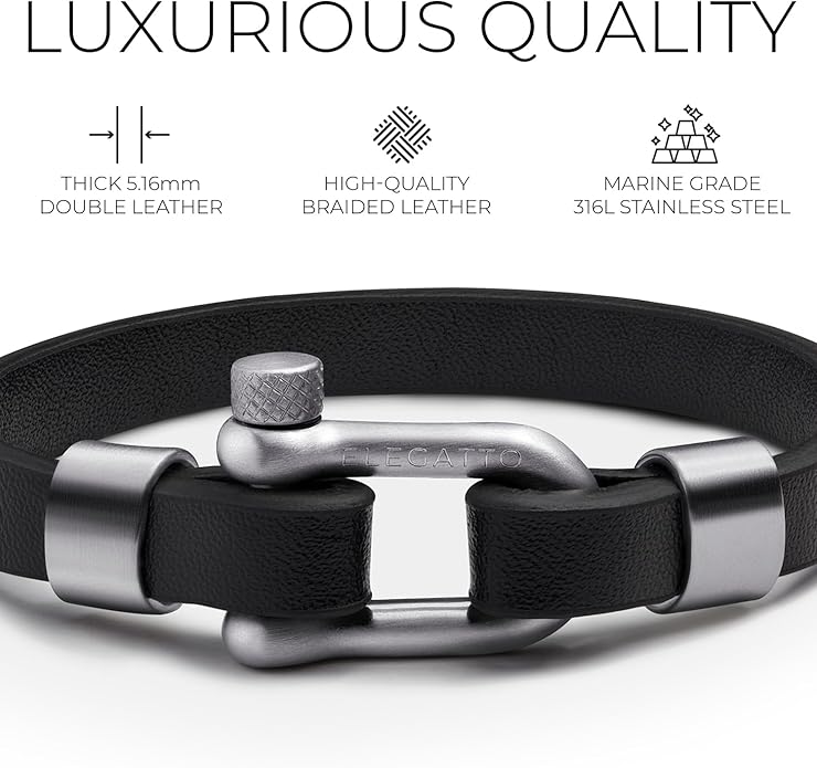 Elegatto Morelle Premium Leather Bracelet for Men | Full-Grain Black Leather with Silver Polished Stainless Steel Shackle Closure | Men’s Designer Jewelry