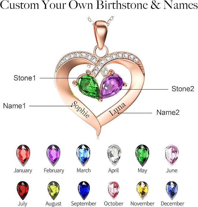 Easycosy Custom Name Necklace with Simulated Birthstones Customized Promise Necklace Heart Pendant with Engraved 2-6 Names - Anniversary Birthday Christmas Jewelry Gifts for Women Wife Mom Grandma