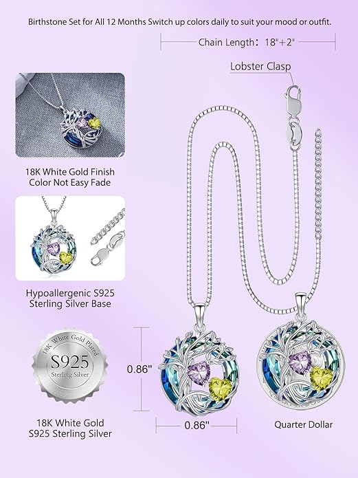 TOUPOP s925 Sterling Silver Family Celtic Tree of Life Pendant Necklaces with 2 Heart Birthstone with Blue Austrian Crystal Jewelry Birthday Anniversary Christmas Gifts for Her Wife Girlfriend Mom (18K Real White Gold Filled)