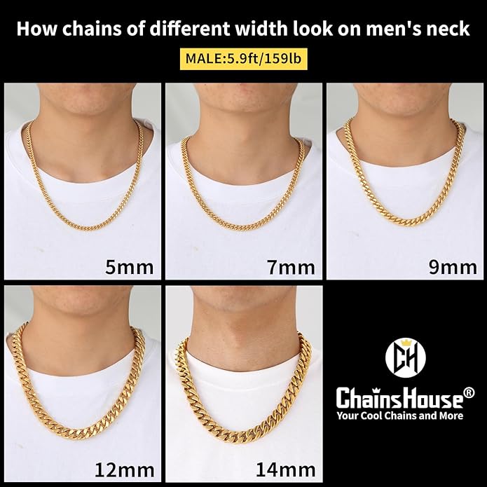 ChainsHouse Stainless Steel Mens Cuban Link Chain, Black/ 18K Gold Plated Miami Cuban Chain Necklace, 5mm/7mm/9mm/12mm/14mm Width, No Tarnish& Durable Hip Hop Mens Jewelry, 18"-30", Send Gift Box