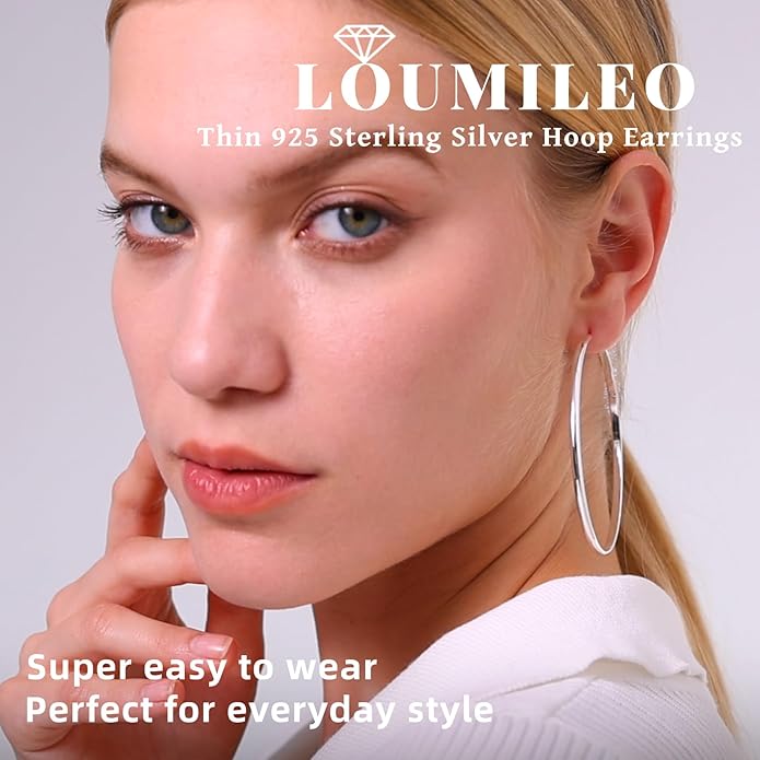 LOUMILEO 2mm Thin 925 Sterling Silver & 14k Gold Plated Hoop Earrings Large Silver Hoop Earrings Hypoallergenic Lightweight Hoops Earrings for Women 30/40/50/65MM