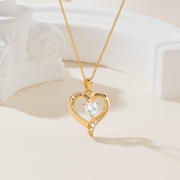 NINAMAID Mom Necklace 925 Sterling Silver Heart Necklaces for Women Engraved I Love You You Mom Gifts for Mom from Daughter
