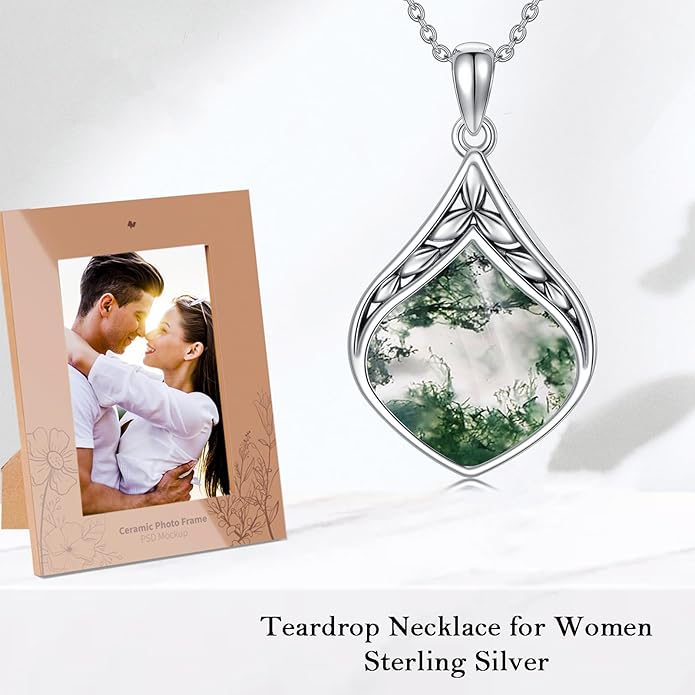 Teardrop Necklace 925 Sterling Silver Vintage Natural Gemstone Pendant Jewelry Birthday Christmas Gifts for Women Mom