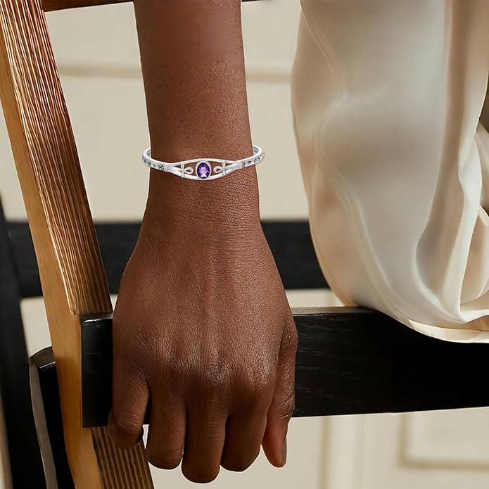 Amethyst Ankh Cross Cuff Bracelet Sterling Silver Egyptian Protection Bangle, February Birthstone Gift for Her Purple Crystal Healing Jewelry