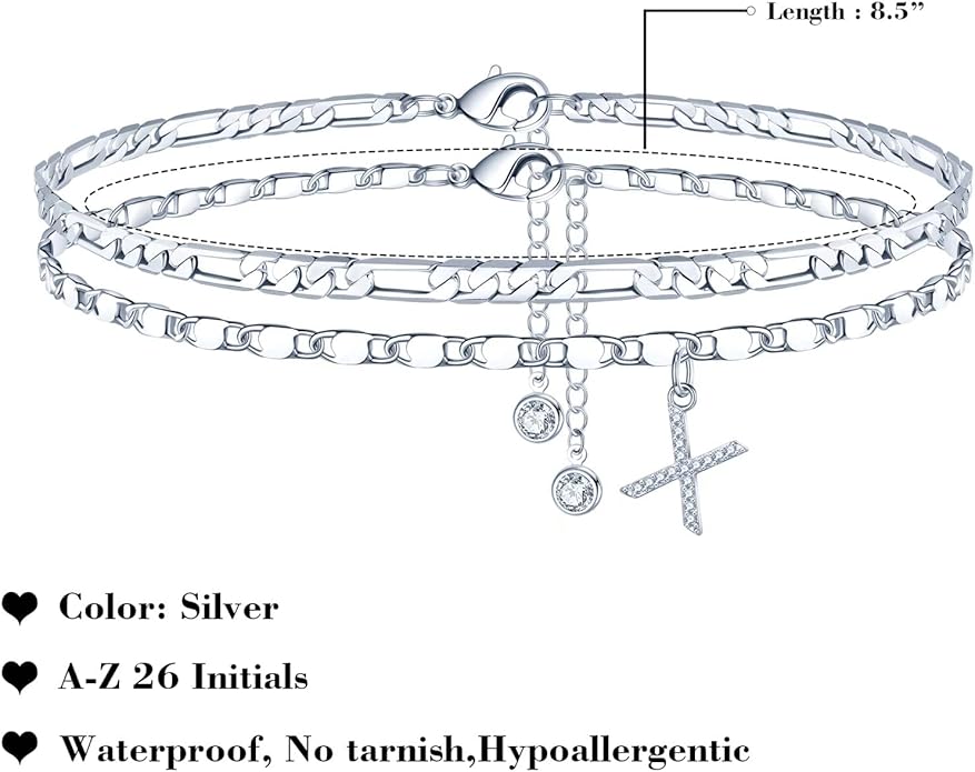 Ursteel Ankle Bracelets for Women, 14K-Gold-Plated Dainty Layered Chain CZ Initial Anklets Set Summer Jewelry Gifts for Women