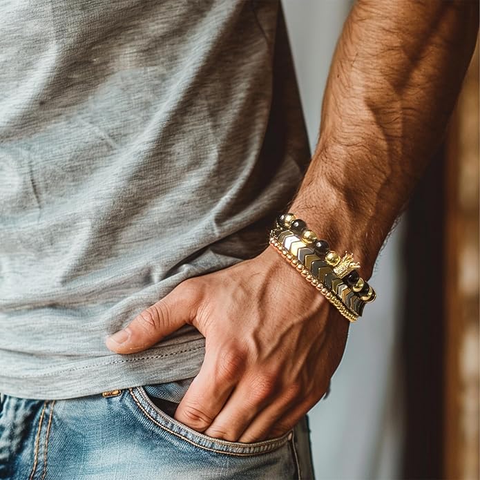 3pc Mens Beaded Bracelets Silver Stainless Steel Chain Bracelet for Men Handmade Braided Bracelet Sets Jewelry Gifts for Men