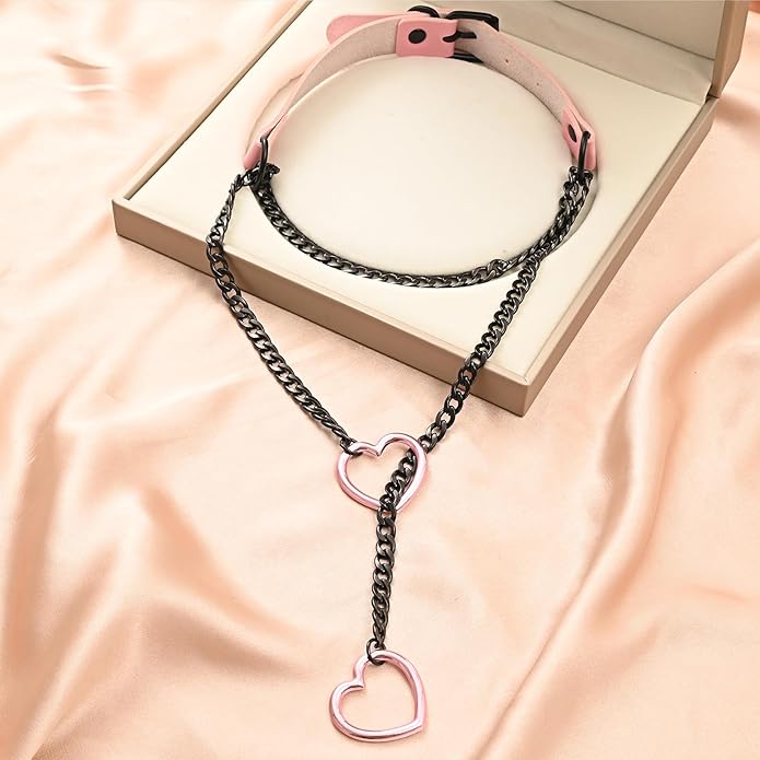 Leather Choker Slip Chain Necklace Stainless Steel Cuban Link Long Necklaces Gothic Punk Heart Chain Necklace Handmade Collars for Women