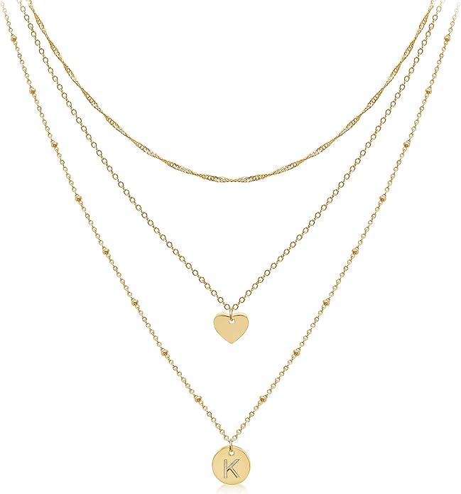 Aisansty Dainty Layered Initial Choker Necklaces Handmade 14K Gold Plated Tiny Heart Personalized Letter Disc Pendant Adjustable Chain Layering Gold Necklaces for Women Gift Jewelry