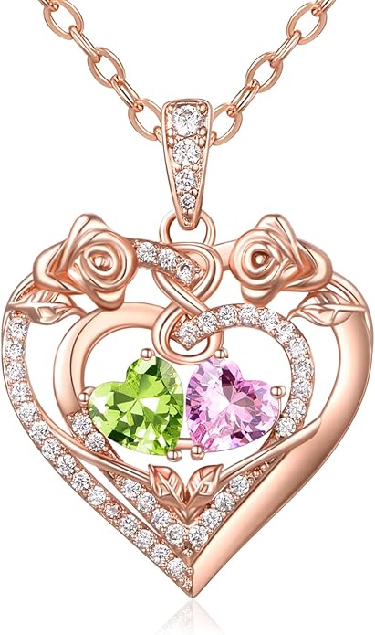 JIYVY32 Rose Heart Necklace for Women Exquisite 925 Sterling Silver Anniversary Birthday Gifts for Wife Mom Her Double Birthstone Pendant Jewelry