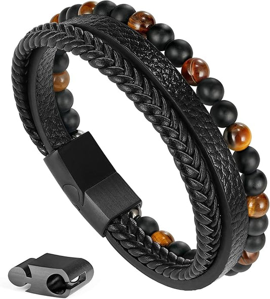 Gifts for Men - Layered Leather Beads Bracelet, Tiger Eye Lava Rock Stone Braided Leather Bracelets for Men Adjustable Magnetic Clasp Birthday Gifts