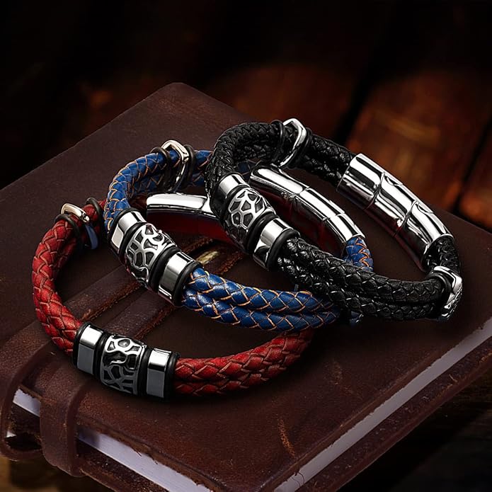 Mens Leather Bracelet Premium Leather Braided Bracelet Stainless Steel Jewelry Gift Accessories Men's Bracelet
