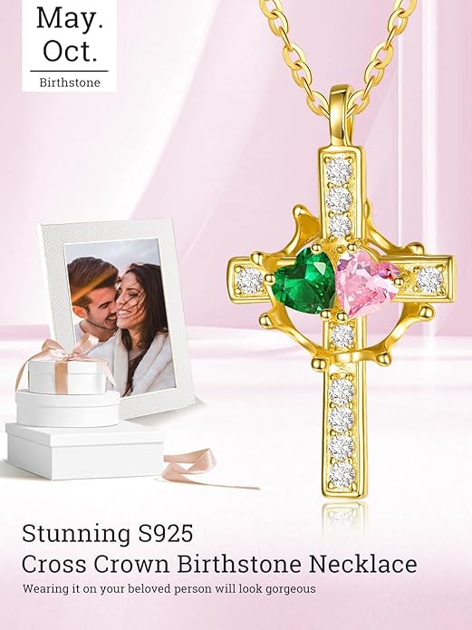 Zeuslia Double Birthstone Necklace Gifts for Wife - 925 Sterling Silver Sunflower/Rose/Crown Cross/Compass/Heart Pendant I Love You Necklace, Anniversary Birthday Gifts for Wife Girlfriend Mom Her