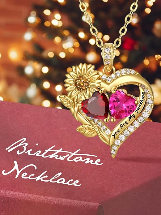 Sunflower Heart Necklace for Women 14K Gold Exquisite Anniversary Birthday Gifts for Wife Mother Her Double Birthstone Pendant jewelry‘You Are My Sunshine’