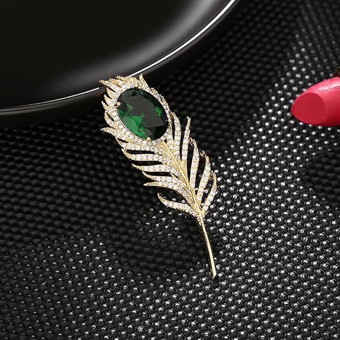 14K Gold Feather Brooch Pin with Moissanite Inlay - Elegant Coat and Suit Accessory for Women, Fashionable Business Attire Enhancement
