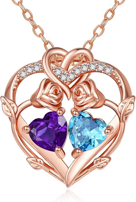 Rose Gold Necklaces for Women Double Birthstone Rose Flower Heart Pendant Necklace Jewelry Anniversary Christmas Valentine's Mother's Day Birthday Gift for Wife Mom Her Girlfriend Sister