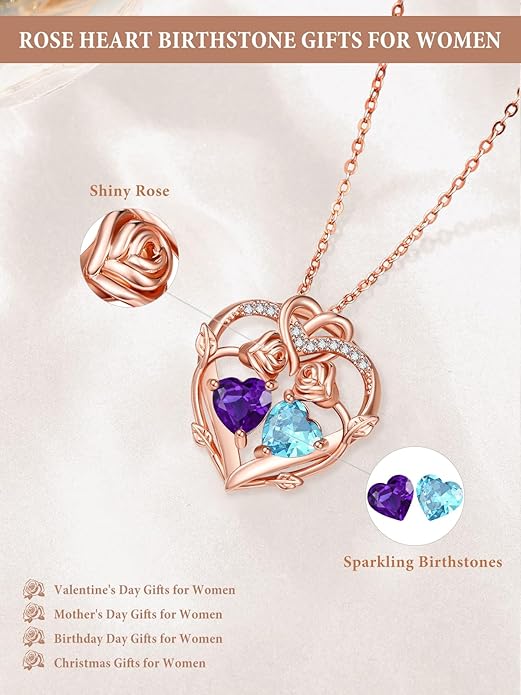 Rose Gold Necklaces for Women Double Birthstone Rose Flower Heart Pendant Necklace Jewelry Anniversary Christmas Valentine's Mother's Day Birthday Gift for Wife Mom Her Girlfriend Sister