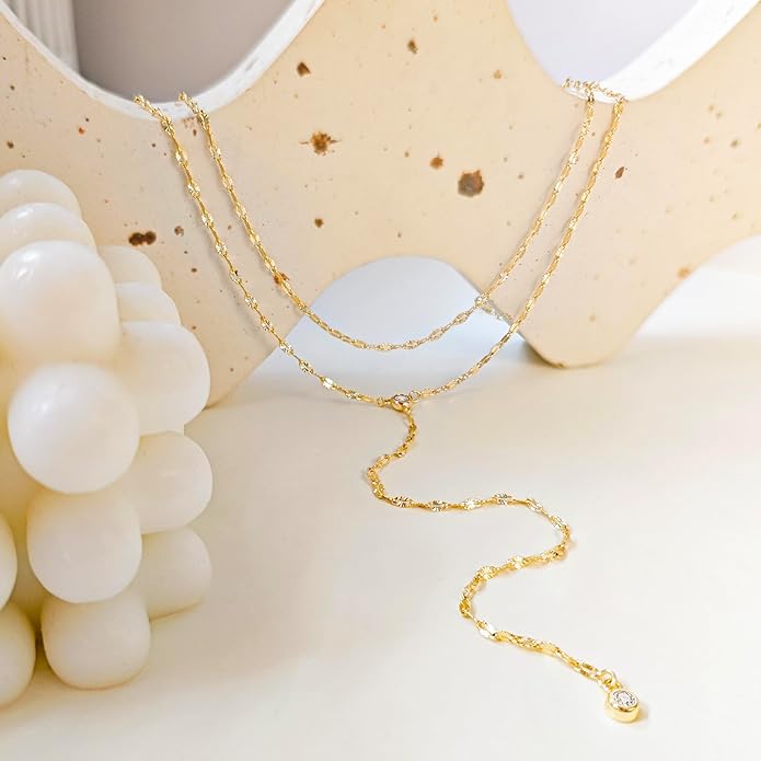 Zeffy Lariat Gold Necklace for Women, Dainty Long Necklace 14k Gold/Silver Plated Layered CZ Beaded Bar Chain Y-Shaped Body Chain Stack Drop Wedding Necklace Trendy Simple Gold Jewelry Gifts