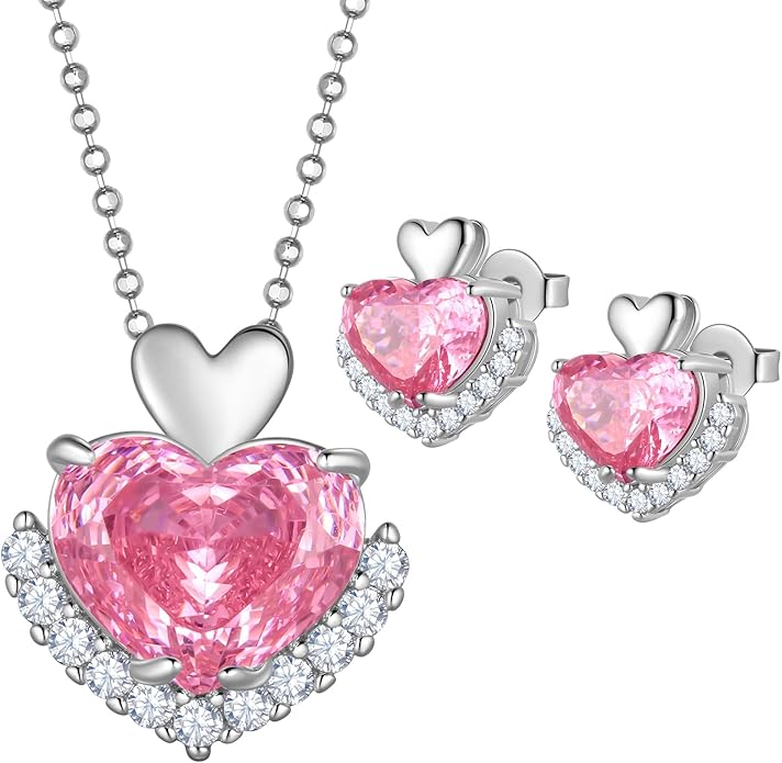 Ydou Love Heart Necklaces and Earrings with Rose Cut Birthstone Silver Plated Elegant Jewelry Set for Women CS0002