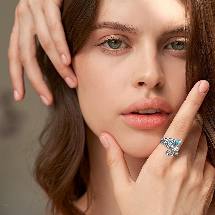 S925-Sterling-Silver Abalone Dragonfly-Turquoise Spoon Ring - Vintage Boho Sunflower Thumb Oxidized Wrap Rings Victorian Style Antique Floral Jewelry Gifts for Women