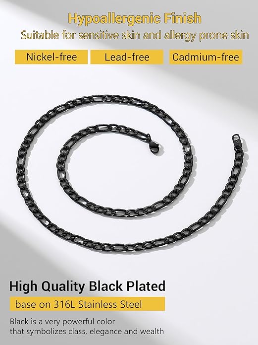 PROSTEEL 316L Stainless Steel Figaro Cuban Chain Necklace for Men, Black/18K Real Gold Plated, 4/5/6/7.5/9/10/13mm, 14inch-30inch, Come with Box