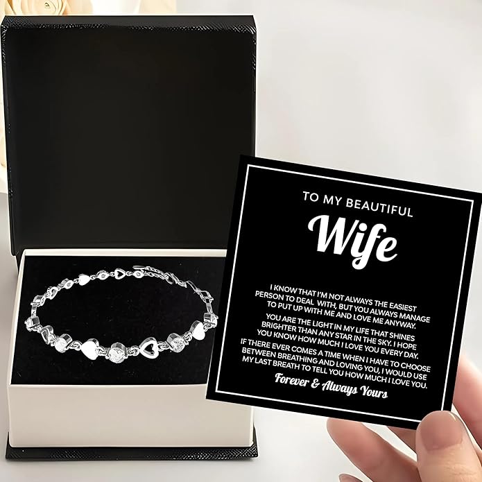 To My Wife Crystal Heart Bracelet Gift From Husband, Beautiful Wife Jewelry For Anniversary, Birthday, Christmas, Valentine’s Day, Bracelet For Her With Heartfelt Message & Elegant Box