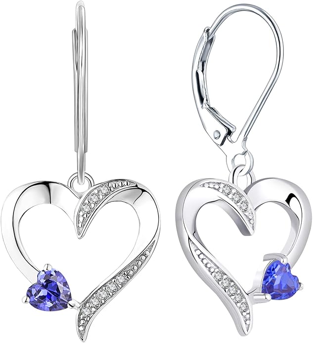 YL Heart Dangle Earrings 925 Sterling Silver Drop Earrings Birthstone Leverback Jewelry for Women