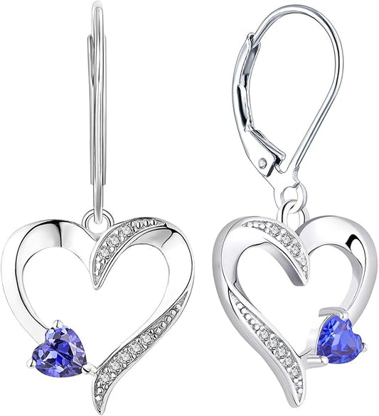 YL Heart Dangle Earrings 925 Sterling Silver Drop Earrings Birthstone Leverback Jewelry for Women