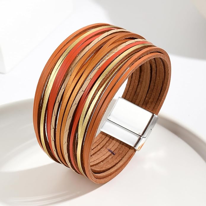 Fesciory Leather Wrap Bracelets for Women, Boho Leopard Multi-Layer Crystal Beads Cuff Bracelet Jewelry