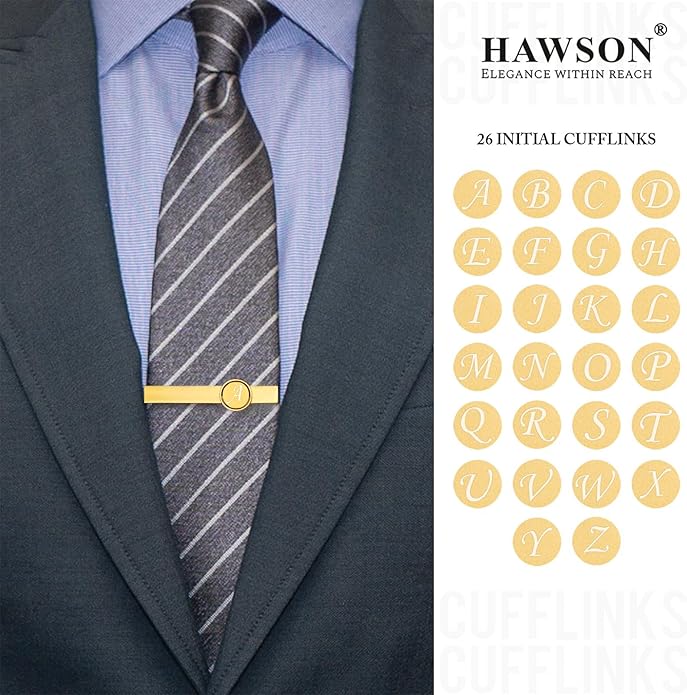 HAWSON 2 inch Tie Clips and Cufflinks Sets for Men A-Z Gold Engraved Letter Cufflinks and Tie Clips Sets for Formal Business Wedding
