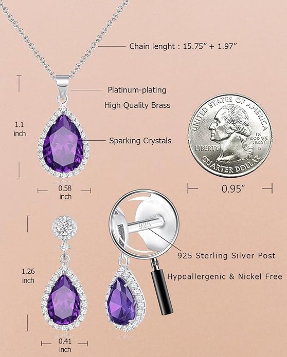 REASAYLL Jewelry Sets For Women 925 Sterling Silver Post Teardrop Dangle Stud Earrings Necklace Set Crystal Rhinestone Wedding Prom Costume Jewelry for Women