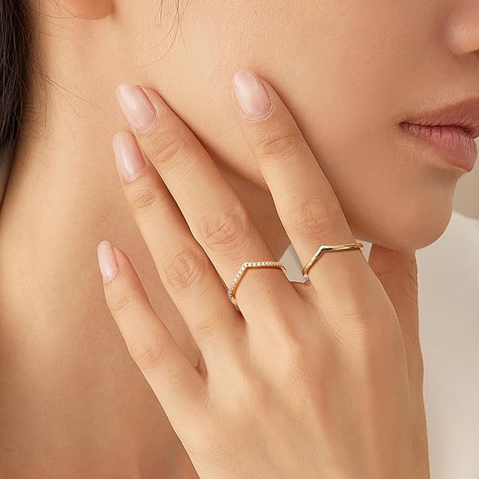 Dochais 2PCS Silver Rings for Women 925 Sterling Silver 14k Gold Plated Wishbone Ring Non Tarnish Wedding Bands Stackable Dainty V Shaped Rings CZ Wedding Rings Promise Ring Engagement 5-10