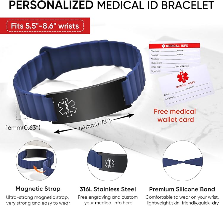 Comfortable Medical ID Bracelet for Men & Women - Custom Engraved Silicone Strap Comfort Fit Medical Alert Bracelets for Sports,Adjustable Waterproof Customizable Wristband for Diabetic