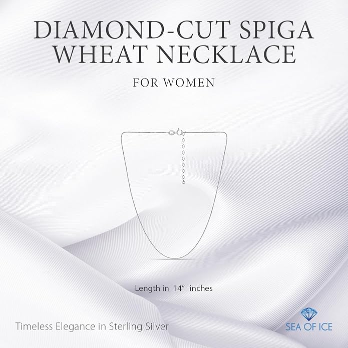 SEA OF ICE Italian Spiga Wheat Chain Necklace – Silver Chain Necklace for Women and Men – 925 Sterling Silver Spring Ring Locked Jewelry Chain – Multisize Silver Chain Unisex