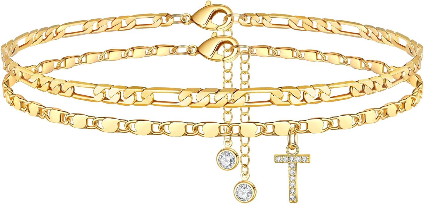 Ursteel Ankle Bracelets for Women, 14K-Gold-Plated Dainty Layered Chain CZ Initial Anklets Set Summer Jewelry Gifts for Women
