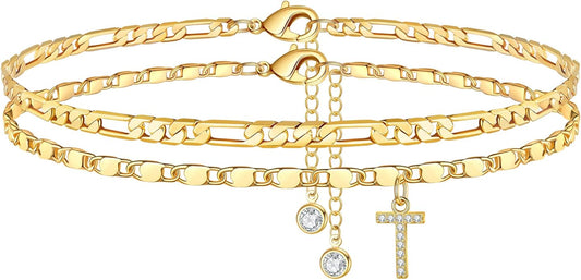 Ursteel Ankle Bracelets for Women, 14K-Gold-Plated Dainty Layered Chain CZ Initial Anklets Set Summer Jewelry Gifts for Women
