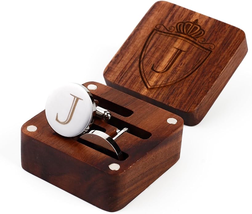 Mens Initial Silver Cufflinks A-Z Alphabet Letter Steel Cuff Links with Engraved Walnut Wood Box Groom Groomsman Wedding Set…