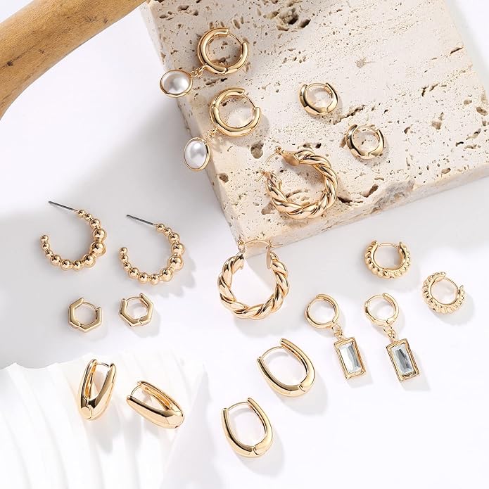 9 Pairs Gold Chunky Hoop Earrings Set for Women, 14K Gold Plated Twisted Huggie Hoop Earring Hypoallergenic, Lightweight Thick Open Hoops Earrings Jewelry Gifts.