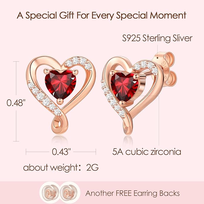 Earrings for Women, S925 Sterling Silver Rose Gold Birthstone Heart Studs Earring for Girlfriend Wife, Anniversary Birthday Christmas Valentines Mothers Day Gifts Jewelry for Women Wife Her Mom