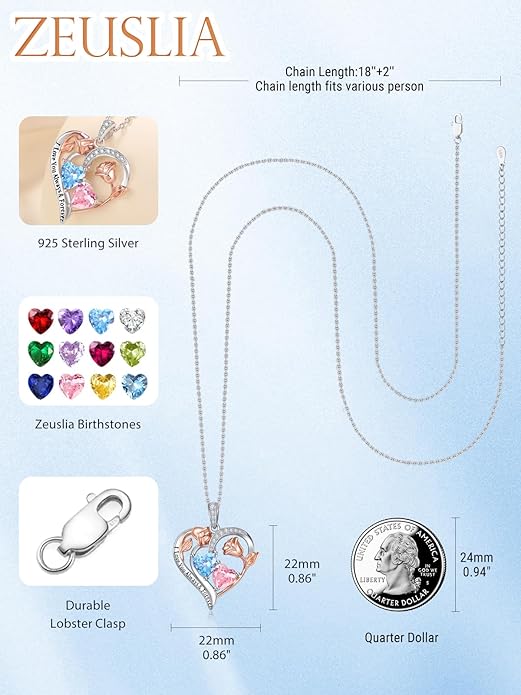 Zeuslia Double Birthstone Necklace Gifts for Wife - 925 Sterling Silver Sunflower/Rose/Crown Cross/Compass/Heart Pendant I Love You Necklace, Anniversary Birthday Gifts for Wife Girlfriend Mom Her