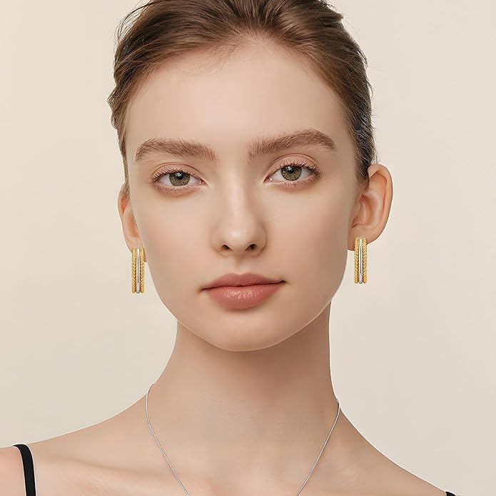 Twisted Cable Hoop Earrings Two Toned Earrings for Women Open C Hoops Chic Mixed Metal Jewelry