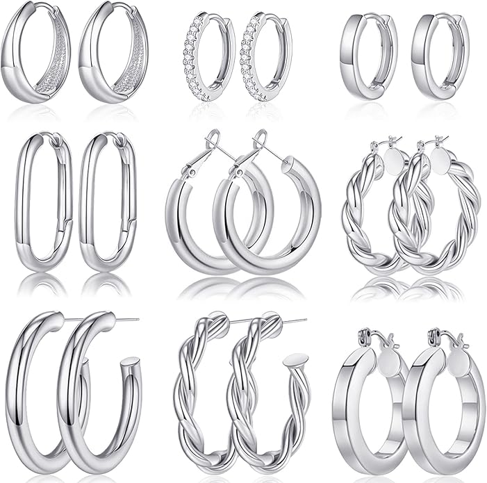 Yesteel 9 Pairs Gold Hoop Earrings for Women, 925 Sterling Silver Post 14K Real Gold Plated Chunky Hoop Earrings Set for Women Hypoallergenic Thick Lightweight Earring for Womens Jewelry Gifts