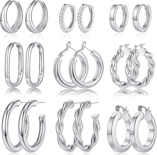 Yesteel 9 Pairs Gold Hoop Earrings for Women, 925 Sterling Silver Post 14K Real Gold Plated Chunky Hoop Earrings Set for Women Hypoallergenic Thick Lightweight Earring for Womens Jewelry Gifts