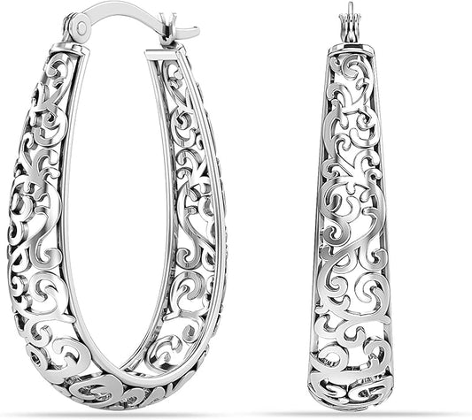 LeCalla 925 Sterling Silver Hoop Earrings for Women | Women's Filigree Hoop Earrings | Antique Oxidized Openwork Mesh Filigree Cut Earring Chunky Hoops | Hypoallergenic Vintage Filigree Oval Hoop Earrings for Women