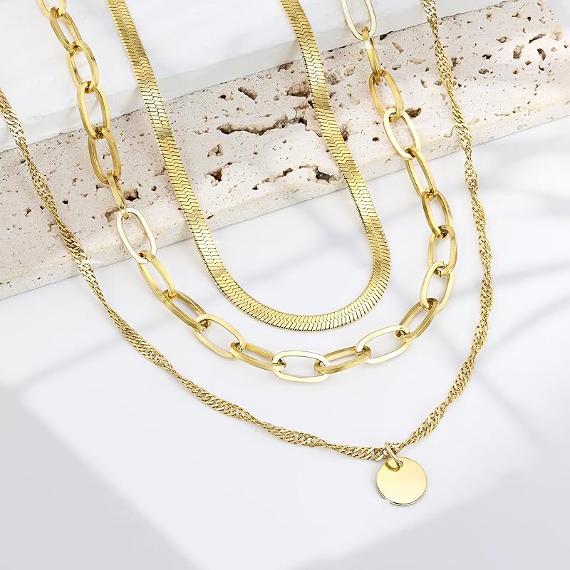 Gold Layered Necklaces for Women,14k Gold Plated Dainty Necklace Stack Set,Non Tarnish Adjustable Stainless Steel Herringbone Snake Circle Pendant Paperclip Choker Chain Jewelry