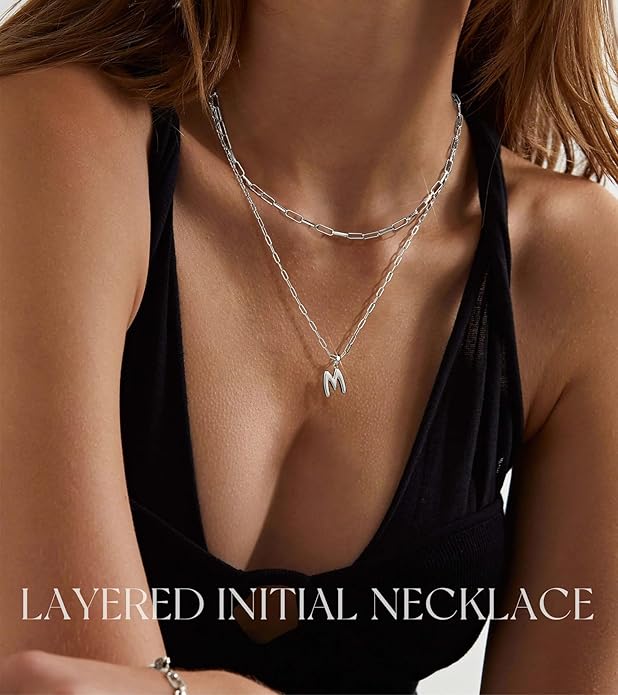 adoyi Gold Necklace for Women Layered Bubble Heart Letter Initial Necklaces for Women Trendy Jewelry 14K Gold Plated Chain Chunky Name Necklace Stack Charm A-Z Pendant Set Jewelry Gifts