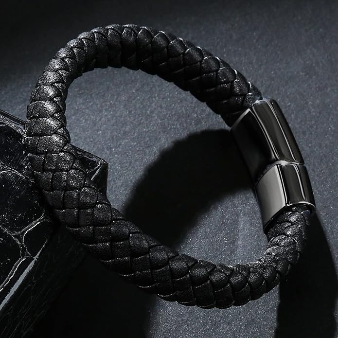 Leather Bracelet for Men Braided Cuff Wristband Stainless Steel Clasp in Silver and Gold Jewellery Gift